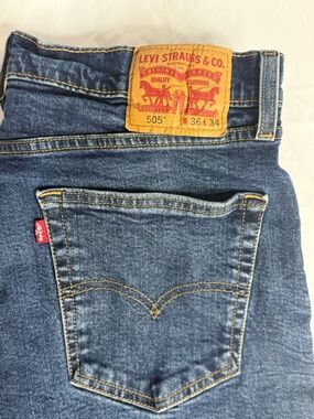 Levis 505 Jeans Mens 36x34 Blue Denim Straight Leg Distressed Fade